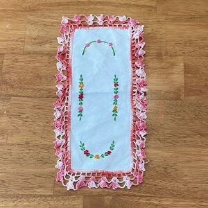 VintageFloral Hand Embroidered Doily with Pink Lace Trim